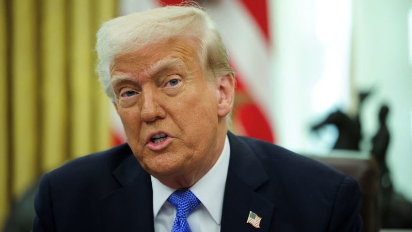 U.S. President Donald Trump delivers remarks with Defense Secretary Pete Hegseth (not pictured) in the Oval Office at the White House, in Washington, D.C., U.S., March 21, 2025. 