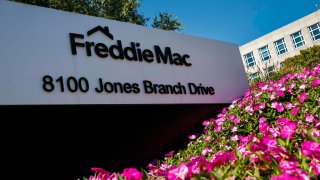 A sign for Freddie Mac is seen at their corporate headquarters campus on Oct. 9, 2024 in Tysons Corner, Virginia. 