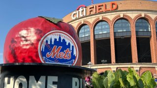 View of Citi Field with Mets Home Run Big Apple, Queens, New York.