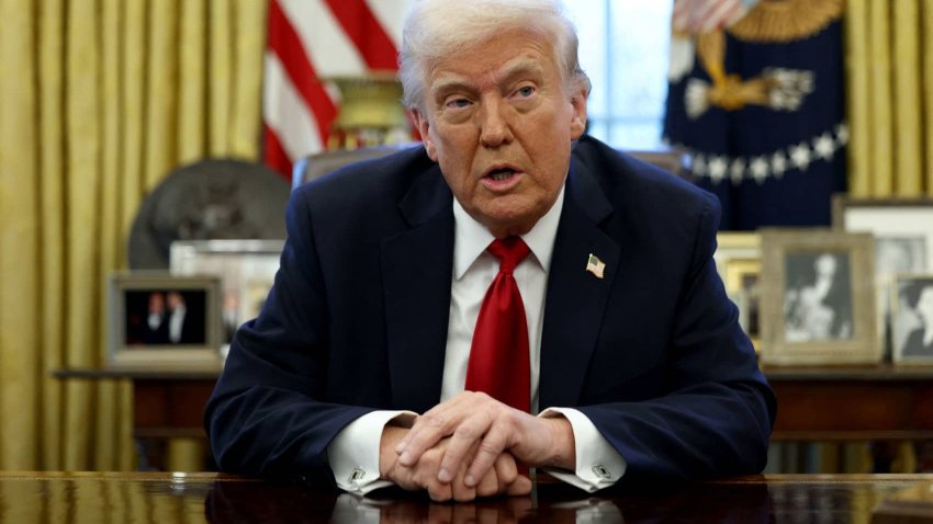 U.S. President Donald Trump speaks to the media in the Oval Office at the White House in Washington, D.C., U.S., March 26, 2025. 