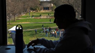 A student works in the library on the campus of American University in Washington, D.C., U.S., March 20, 2025.