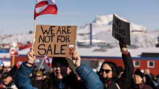 Protesters gather in front of the U.S. consulate during a demonstration, under the slogan, “Greenland belongs to the Greenlandic people”, in Nuuk, Greenland, March 15, 2025.