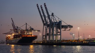 A container ship at the Port of Hamburg in Hamburg, Germany.
