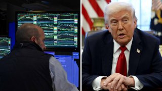 A trader works on the floor of the New York Stock Exchange and U.S. President Donald Trump.