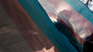 FILE – A protester is silhouetted against a trans pride flag during a pro-transgender rights protest outside of Seattle Children’s Hospital, Feb. 9, 2025, in Seattle.