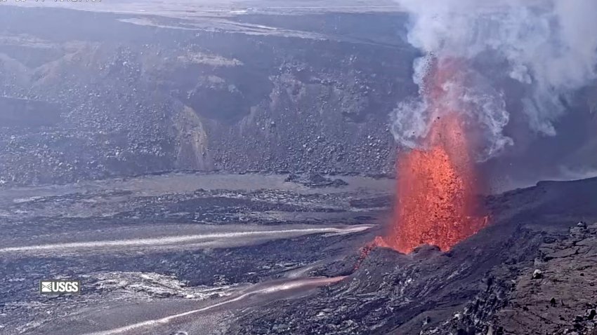 This image from webcam footage provided by the United States Geological Survey (USGS) shows lava fountains shooting up high in the latest episode of an ongoing eruption of Kilauea volcano inside Hawaii Volcanoes National Park on Tuesday, March 11, 2025