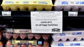 FILE - A sign is mounted on a shelve of eggs at a grocery store in Northbrook, Ill., Feb. 28, 2025.