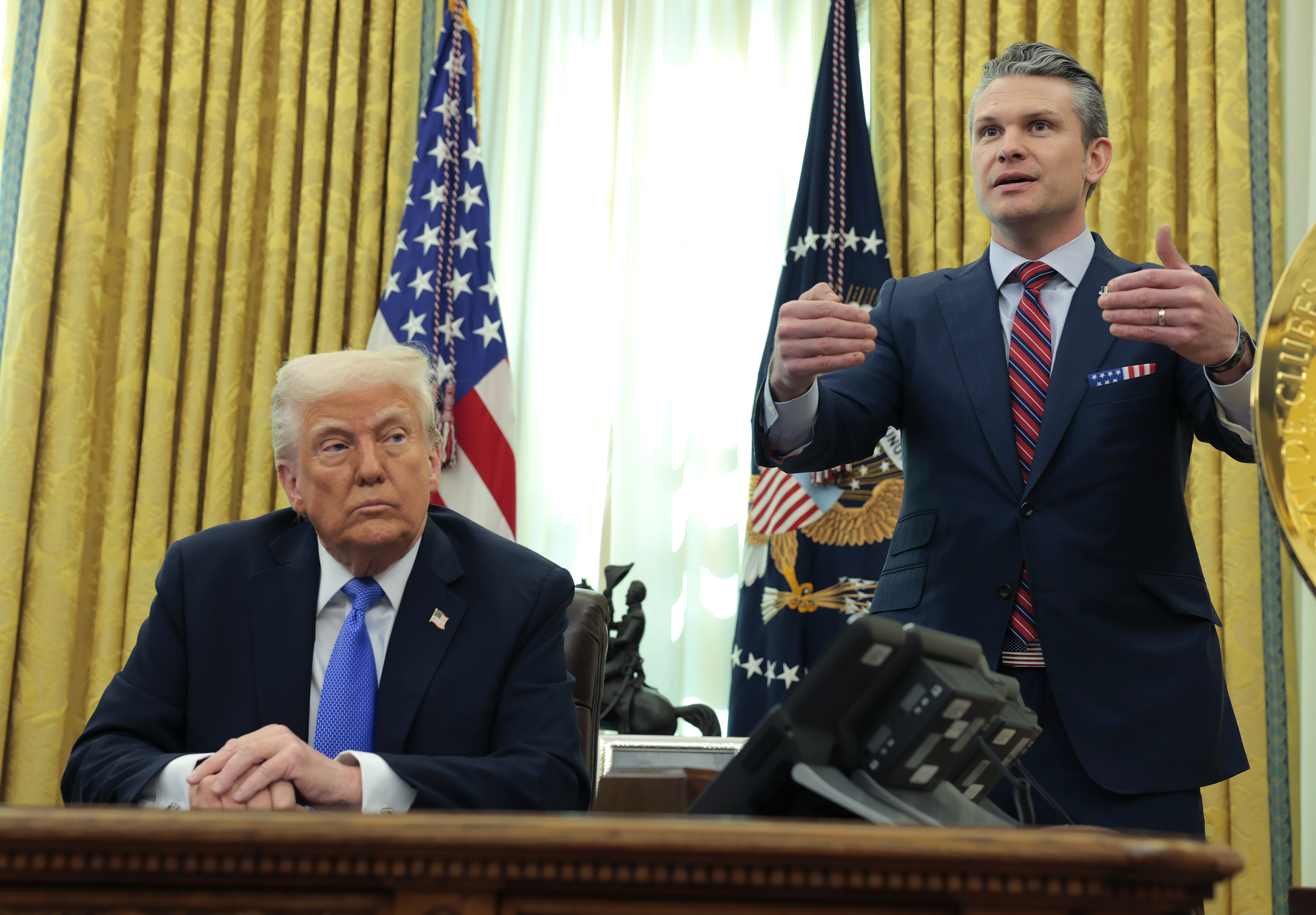 WASHINGTON, DC – MARCH 21: U.S. President Donald Trump and U.S. Secretary of Defense Pete Hegseth deliver remarks in the Oval Office of the White House on March 21, 2025 in Washington, DC. Trump announced the Next Generation of Air Dominance (NGDA) program, the F-47, the sixth-generation high-tech Air Force fighter to succeed the F-22 Raptor.