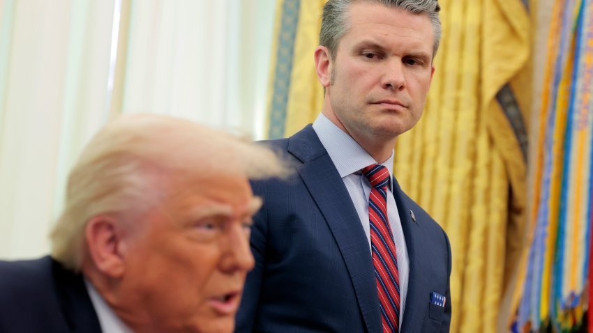 WASHINGTON, DC – MARCH 21: U.S. Secretary of Defense Pete Hegseth listens as U.S. President Donald Trump delivers remarks in the Oval Office of the White House on March 21, 2025 in Washington, DC. Trump announced the Next Generation of Air Dominance (NGDA) program, the F-47, the sixth-generation high-tech Air Force fighter to succeed the F-22 Raptor.