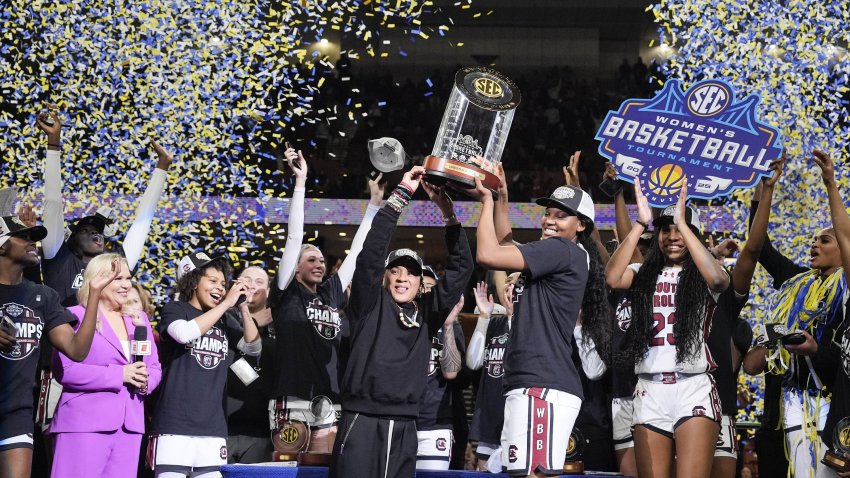 South Carolina women's basketball team celebrates 2025 SEC Tournament championship.