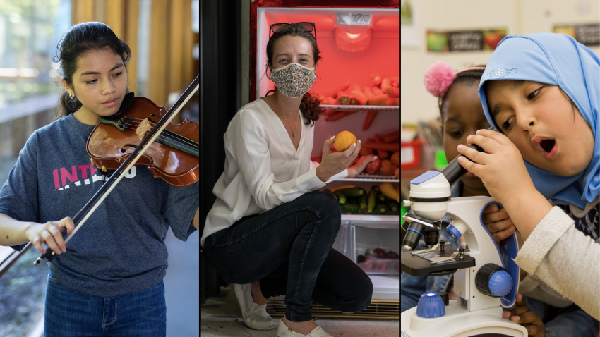 A triptych image of a girl playing a violin, a woman kneeling in front of a refrigerator, and a girl looking through a microscope.