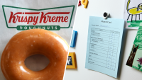 (Left) Krispy Kreme doughnut, (Right) Report card on a fridge.