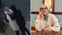 A still from surveillance video showing Tufts University Ph.D. student Rumeysa Ozturk (seen at right) being taken into custody in Somerville, Massachusetts.