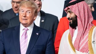 U.S. President Donald Trump with Mohammed bin Salman, crown prince of Saudi Arabia, at the start of the Group of 20 summit on 28 June 2019.
