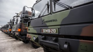 German Rheinmetall MAN tactical military transport vehicles are parked in the Edvard Peperko military barracks. Slovenian military received 40 of Rheinmetall trucks as part of a so-called chain-swap deal with Germany used to supply arms to Ukraine, in which Slovenia sent 28 M55s tanks to Ukraine and 38 Oshkosh vehicles after purchasing them from the USA.