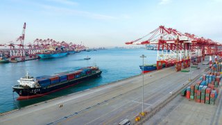 A general view of the container terminal in Qianwan of Qingdao Port, a port in Shandong Province, China, March 17, 2023.