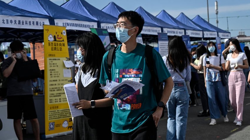 A job fair in Beijing in 2022. China’s urban jobless rate among those aged from 16 to 24, excluding students, stood at an elevated level of 16.5% in March 2025, according to data from the National Bureau of Statistics.