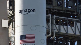 United Launch Alliance Atlas V rocket carrying the first two demonstration satellites for Amazon’s Project Kuiper broadband internet constellation stands ready for launch on pad 41 at Cape Canaveral Space Force Station on October 5, 2023 in Cape Canaveral, Florida, United States.