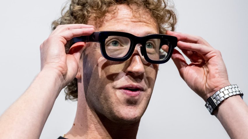 Mark Zuckerberg, CEO of Meta Platforms Inc., wears Orion augmented reality glasses during the Meta Connect event in Menlo Park, California, on Sept. 25, 2024.