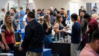 Attendees and recruiters at a City Career Fair hiring event in Sacramento, California, US, on Thursday, Feb. 27, 2025.