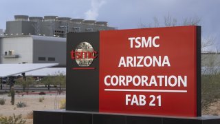 Signage for Taiwan Semiconductor Manufacturing Company (TSMC) at it’s fabrication plant in Phoenix, Arizona, US, on Monday, March 3, 2025.