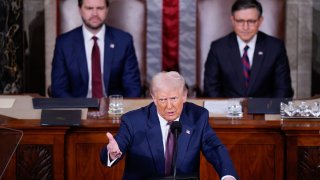 President Donald J Trump addresses a joint session of Congress as Vice President JD Vance and Speaker of the House Mike Johnson (R-LA) listen in the Capitol building’s House chamber on Tuesday, March 04, 2025 in Washington, DC.