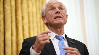 Trade advisor to U.S. President Donald Trump Peter Navarro speaks after President Trump signed an executive order on reciprocal tariffs in the Oval Office at the White House on Feb. 13, 2025 in Washington, DC.