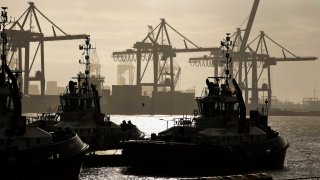 Container gantry cranes are seen at the container terminal ‘Eurogate’ in the harbour of the northern German city of Hamburg Port on February 27, 2025 in Hamburg, Germany.