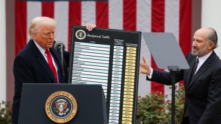 U.S. President Donald Trump holds a chart next to U.S. Secretary of Commerce Howard Lutnick as Trump delivers remarks on tariffs in the Rose Garden at the White House in Washington, D.C., on April 2, 2025.