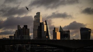 The skyline of the London’s financial district is illuminated by the sunrise on December 02, 2024 in London, England.