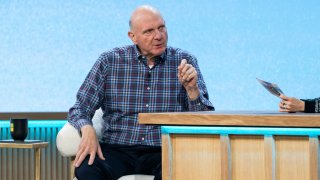 Steve Ballmer, former chief executive officer of Microsoft Corp., speaks during an event commemorating the 50th anniversary of the company at Microsoft headquarters in Redmond, Washington, US, on Friday, April 4, 2025. Microsoft Corp., determined to hold its ground in artificial intelligence, will soon let consumers tailor the Copilot digital assistant to their own needs.