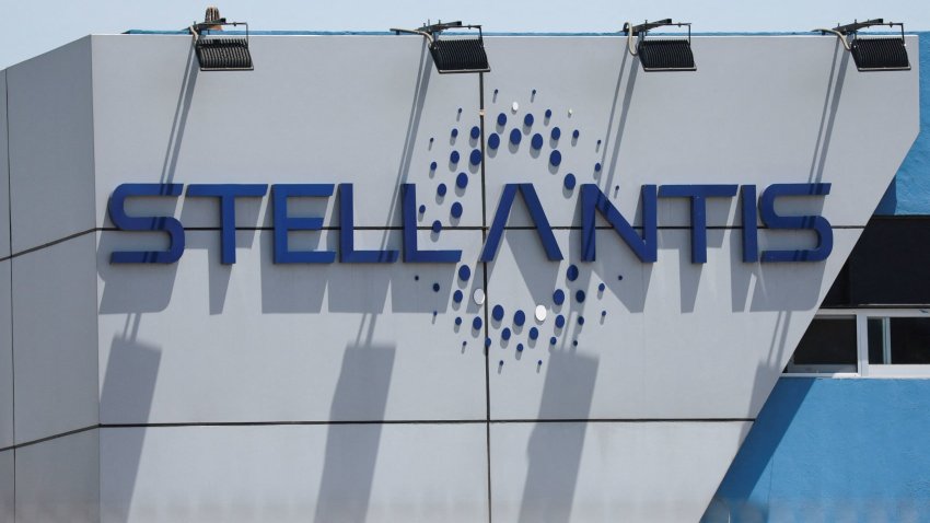 Stellantis logo is pictured at one of its assembly plants following a company’s announcement saying it will pause production there, in Toluca, state of Mexico, Mexico, on April 4, 2025.