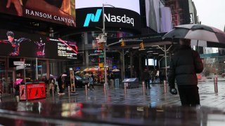 The Nasdaq Marketsite is seen during morning trading on April 7, 2025 in New York City.