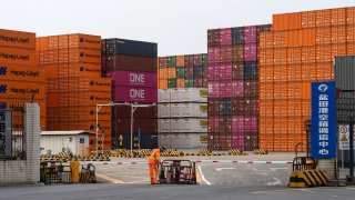 Shipping containers at the Yantian International Container Terminals, operated by CK Hutchison Holdings Ltd.’s Hutchison Port Holdings Trust (HPH Trust), in Shenzhen, China, on Monday, April 7, 2025.