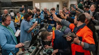 Traders work in the S&P 500 Index (SPX) options pit at the Cboe Global Markets exchange in Chicago, Illinois, US, on Tuesday, April 8, 2025.