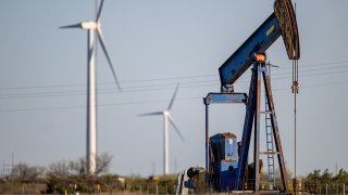 An oil pumpjack is seen in a field on April 08, 2025 in Nolan, Texas.