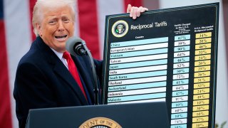 U.S. President Donald Trump holds up a chart while speaking during a “Make America Wealthy Again” trade announcement on April 2, 2025 in Washington, DC.