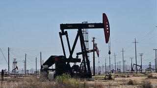 Pump jacks are seen in oilfields along Highway 33, known as the Petroleum Highway, west of Buttonwillow, Kern County, California, on April 9, 2025.