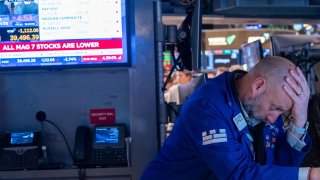 Traders work on the floor of the New York Stock Exchange on April 10, 2025 in New York City.