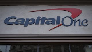 Sign at the entrance to a Capital One bank branch in Manhattan.