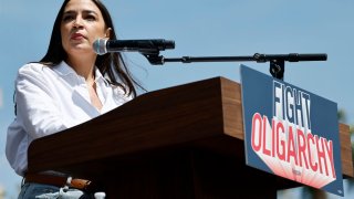 Rep. Alexandria Ocasio-Cortez (D-NY) speaks during a stop on the ‘Fighting Oligarchy’ tour with U.S. Sen. Bernie Sanders (I-VT) at Grand Park on April 12, 2025 in Los Angeles, California.
