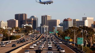 A United Airlines Boeing 737 MAX 9 airplane approaches San Diego International Airport for a landing from San Francisco on April 8, 2025, in San Diego, California, U.S.