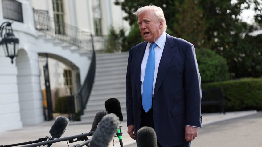 U.S. President Donald Trump speaks to members of the media as he departs for Rome, Italy, to attend Pope Francis’ funeral, at the White House in Washington, D.C., U.S., April 25, 2025.