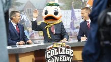 ESPN College Gameday analysts (L-R) Chris Fowler, Lee Corso and Kirk Herbstreit