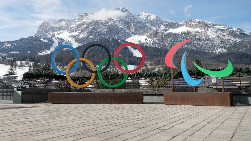 The Olympic rings on display in Cortina d'Ampezzo, Italy.