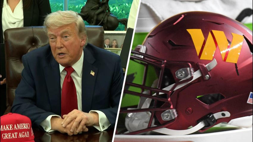 Split of Trump and Washington Commanders helmet