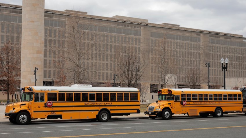 School buses are parked along Independence Avenue near the U.S. Department of Education’s headquarters on March 06, 2025 in Washington, DC. U.S. President Donald Trump promised during his campaign for the White House to abolish the Education Department.
