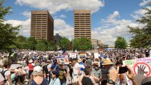 Demonstrators attend nationwide "Hands Off!" protest against President Donald Trump