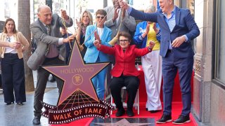 na Martinez, Hollywood Walk of Fame Producer, Steven Nissen, President & CEO, Hollywood Chamber of Commerce, Ellen K, Ilana Kloss, Magic Johnson, Billie Jean King and Jamie Lee Curtis attend the Hollywood Walk of Fame Star Ceremony Honoring American Tennis Player Billie Jean King on April 07, 2025 in Hollywood, California.