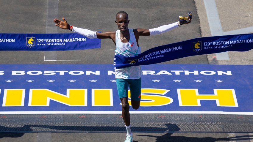 BOSTON, MA – April 21: John Korir crosses the finish line to win the men’s division of the 129th Boston Marathon on April 21, 2025. (Photo by Brett Phelps/The Boston Globe via Getty Images)